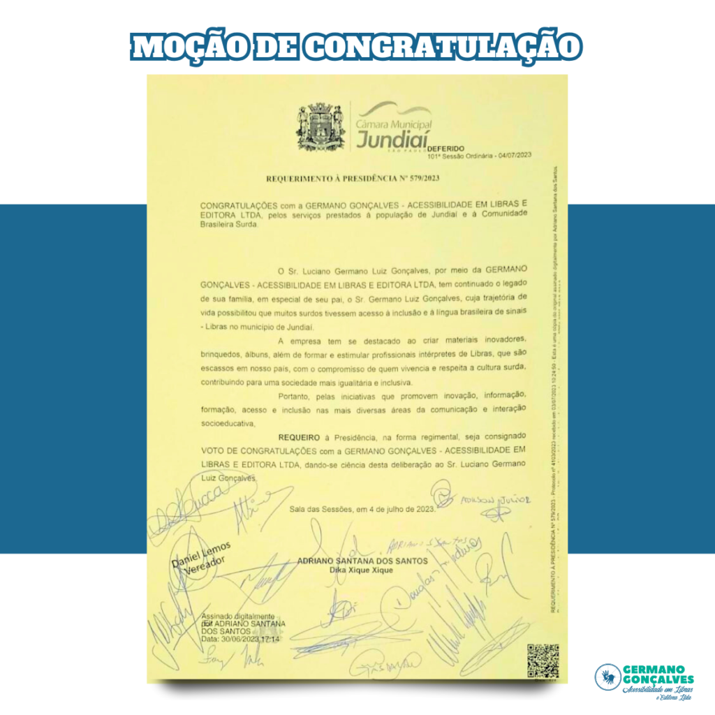 Este é o documento de reconhecimento por seus trabalhos em Jundiaí - Moção de Congratulações