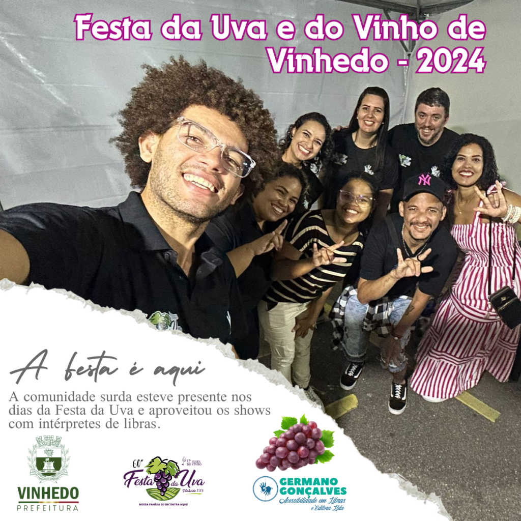 Equipe de intérpretes de libras atuando na festa da Uva de Vinhedo.