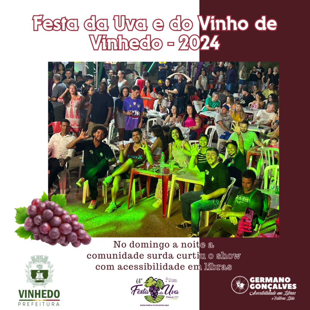 Equipe de intérpretes de libras atuando na festa da Uva de Vinhedo.