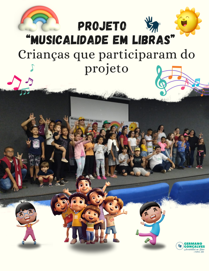 Projeto Lei Paulo Gustavo - Musicalidade em Libras na Biblioteca Municipal de Jundiai - Todas as crianças junto dos monitores para a fotografia